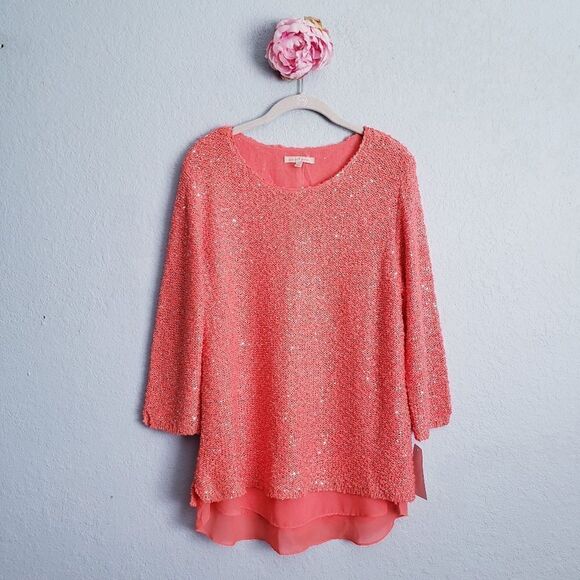 Gibson Latimer Neon Orange Sequin Knit Sweater - Picture 1 of 8